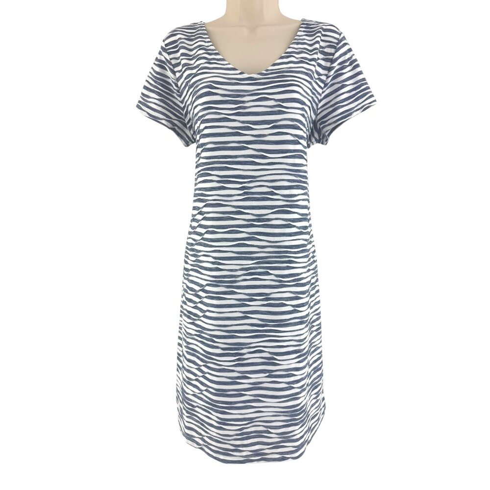 Chico's Size 2 = Large/12 Blue‎ White Textured Knit Shift Dress Short Sleeves